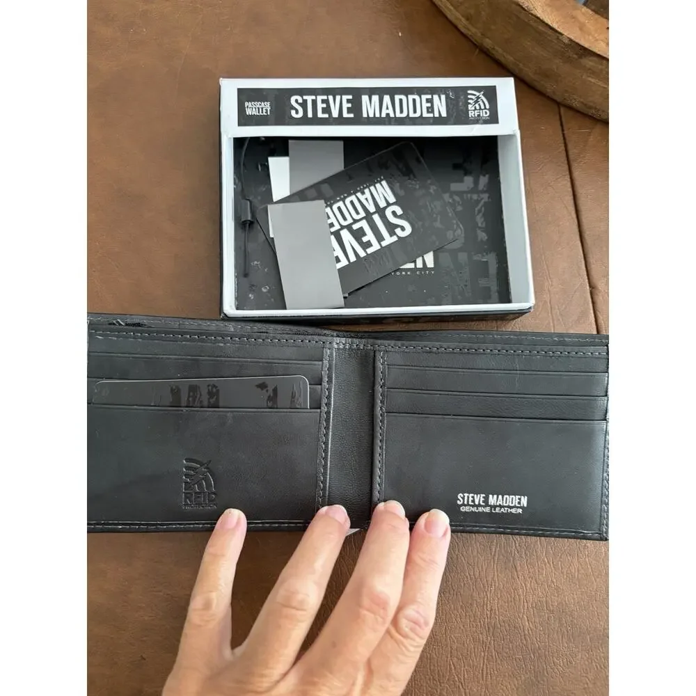 Steve Madden Men’s Black Leather RFID Passcase Wallet NWT